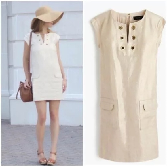 J. Crew Beige Shimmer Metallic 100% Linen Shift Dress Gold Grommets Size 8 Med M - Picture 1 of 9
